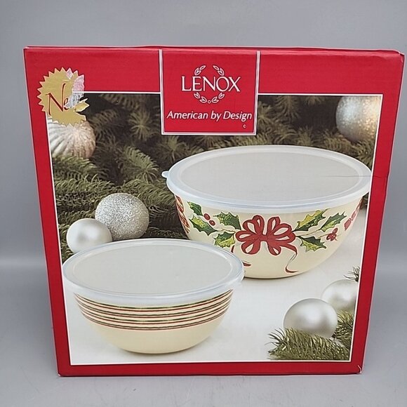 Lenox Home for The Holidays Metal Bowls Plastic Lids Set 8.75" Christmas New! - Picture 1 of 2